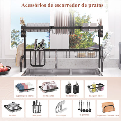 HOMCOM Escorredor de Louça de Aço Escorredor de Pratos de 2 Níveis com Prateleira para Pratos Suporte para Facas e Talheres 100x30x52,5cm Preto