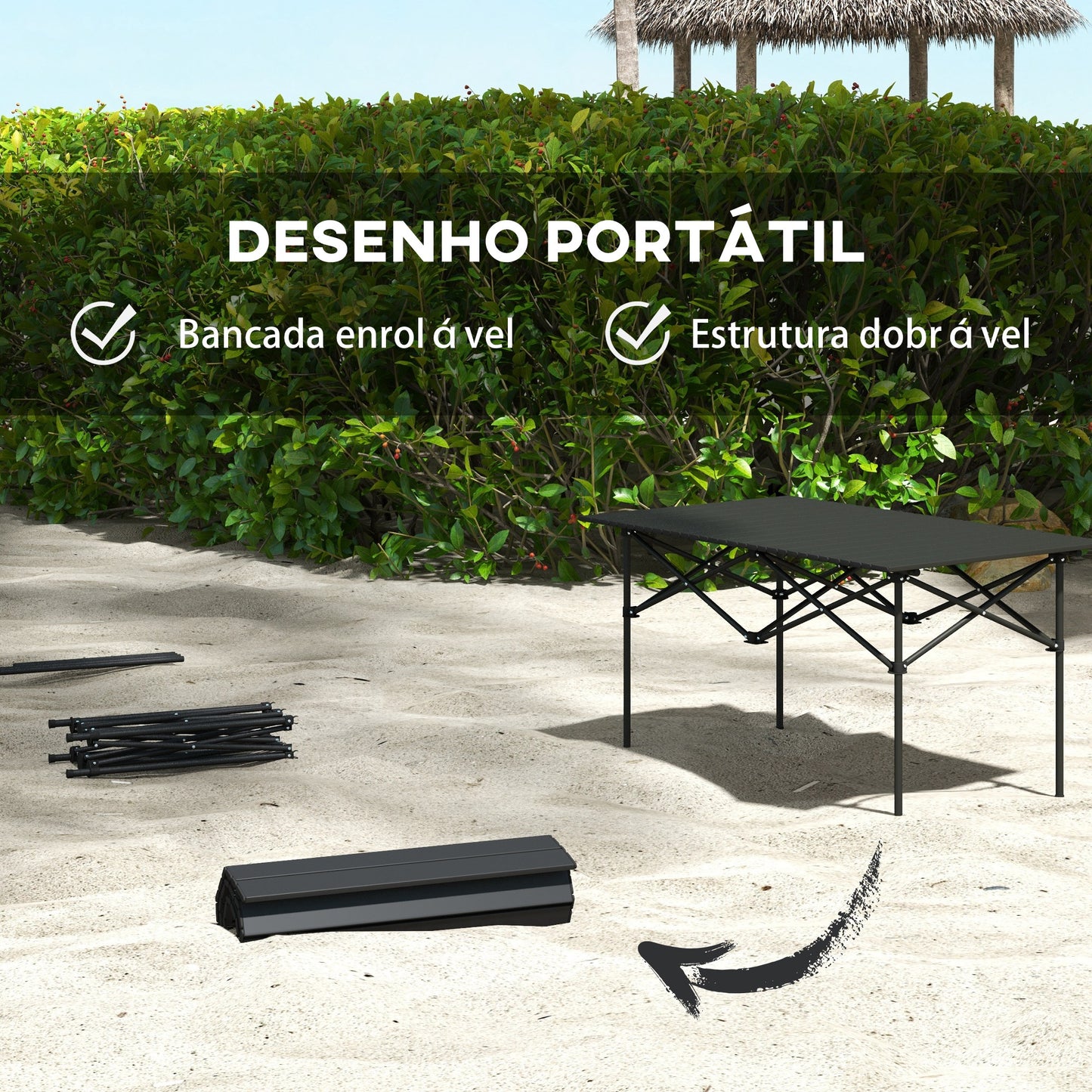 Outsunny Mesa de Campismo Dobrável de Metal com Tampo Enrolável e Bolsa de Transporte Mesa de Piquenique Portátil para Campismo Trekking Praia e Barbecue 95x55x50 cm Preto