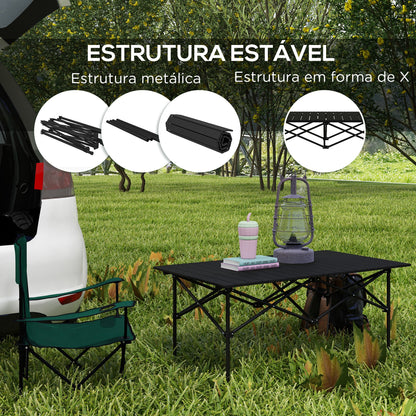 Outsunny Mesa de Campismo Dobrável de Metal com Tampo Enrolável e Bolsa de Transporte Mesa de Piquenique Portátil para Campismo Trekking Praia e Barbecue 95x55x50 cm Preto