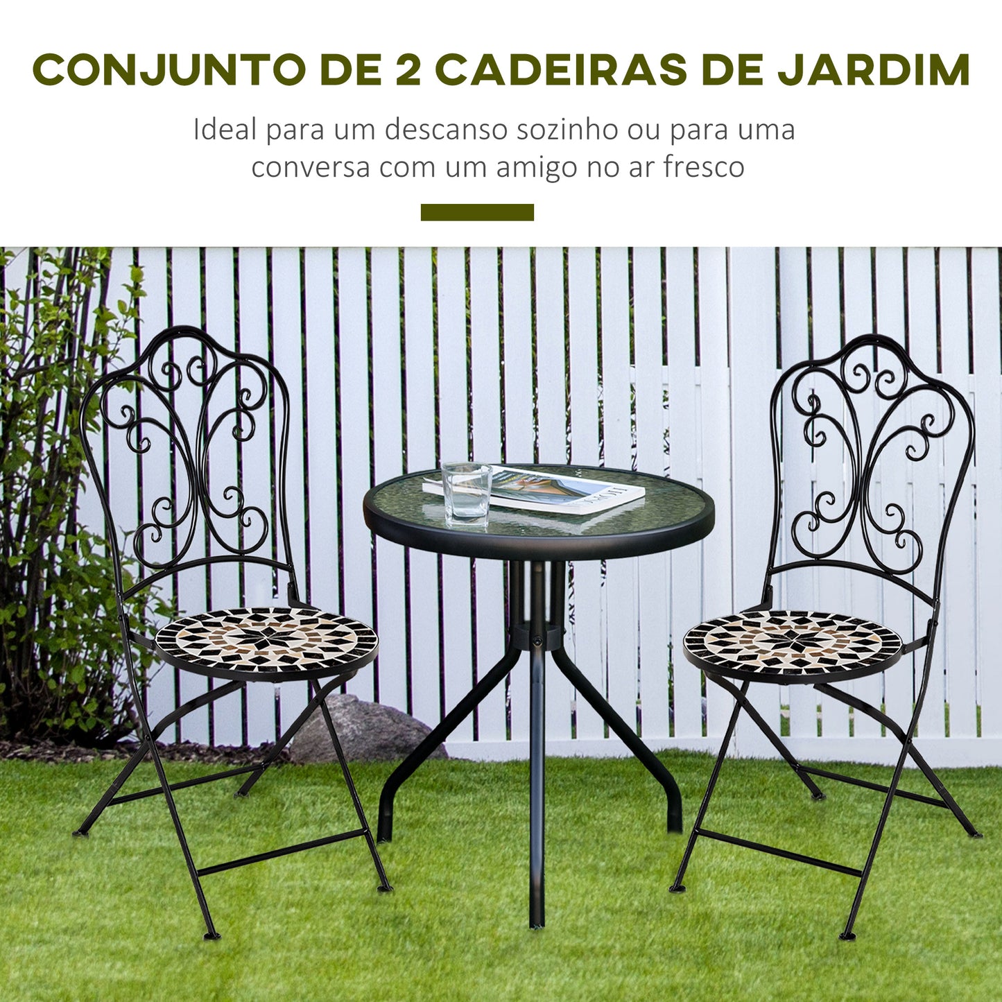 Outsunny Conjunto de 2 Cadeiras Dobráveis de Mosaico Cadeiras de Jardim com Assento de Cerâmica e Estrutura de Metal Carga Máxima 120kg para Terraço Pátio Exterior 40x50x92cm Preto