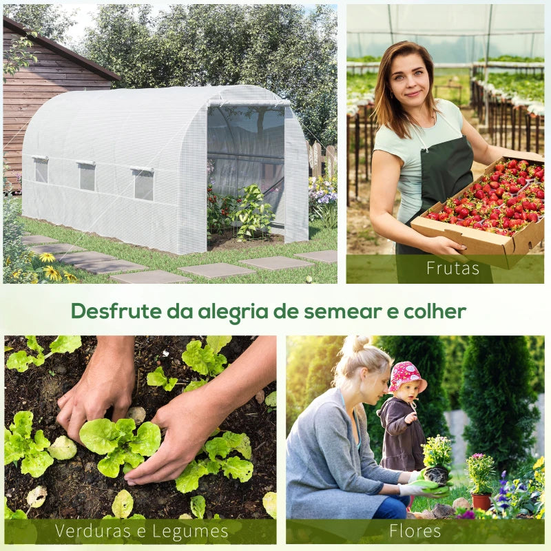 Estufa tipo Túnel 445x200x200 cm Estufa de Jardim com Porta Enrolável e 6 Janelas Cobertura de PE 140 g/m² Anti-UV Estrutura de Metal para Cultivo de Plantas Verduras Branco