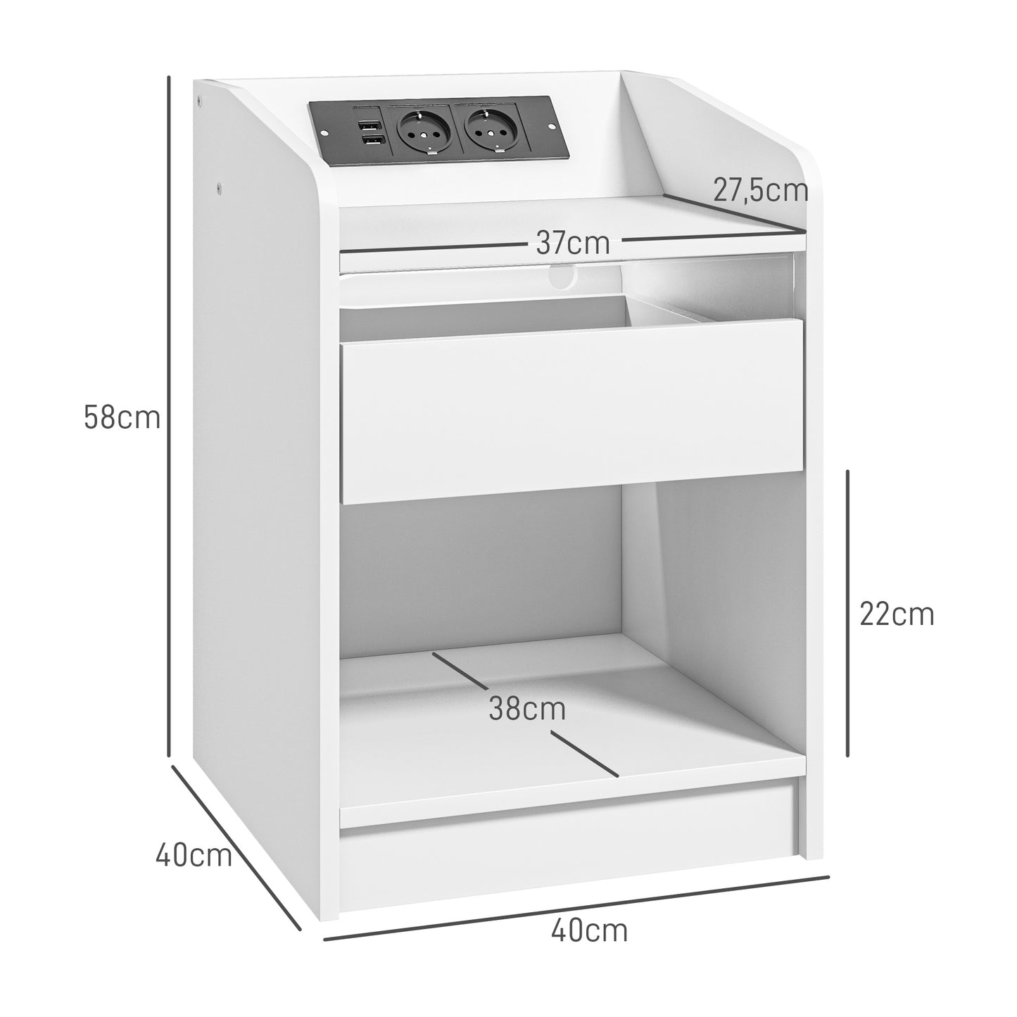 HOMCOM Mesa de Cabeceira com Luzes LED Mesa de Cabeceira com Gaveta Prateleira Estação de Carregamento Entrada USB e Controlo Remoto 40x40x58 cm Branco