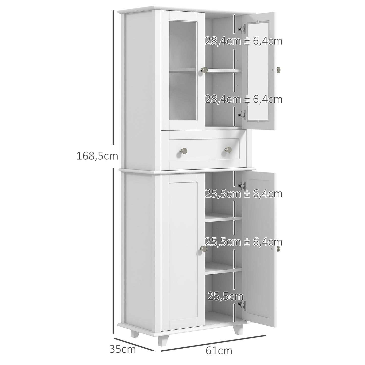 HOMCOM Armário de Cozinha Móvel Auxiliar de Cozinha com 2 Portas de Vidro Temperado Gaveta e Prateleiras Ajustáveis para Sala 61x35x168,5 cm Branco