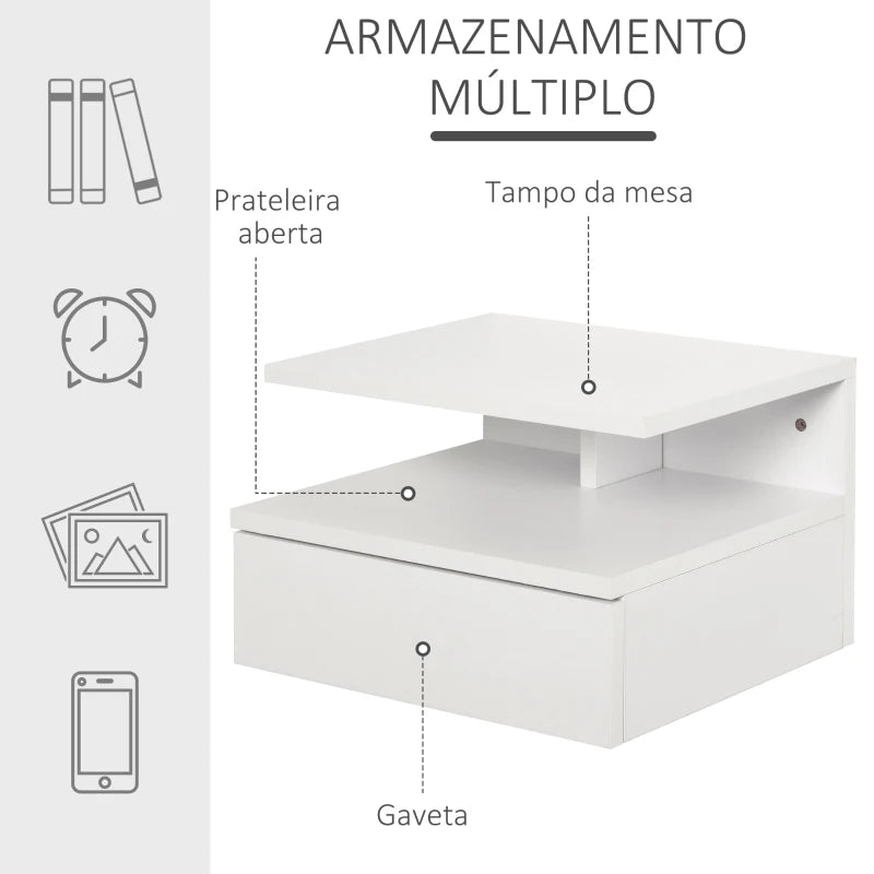 HOMCOM Conjunto de 2 Mesas de Cabeceira Flutuante com 1 Gaveta e Prateleira Aberta com Desenho Moderno Montado na Parede 35x32x22,5cm Branco