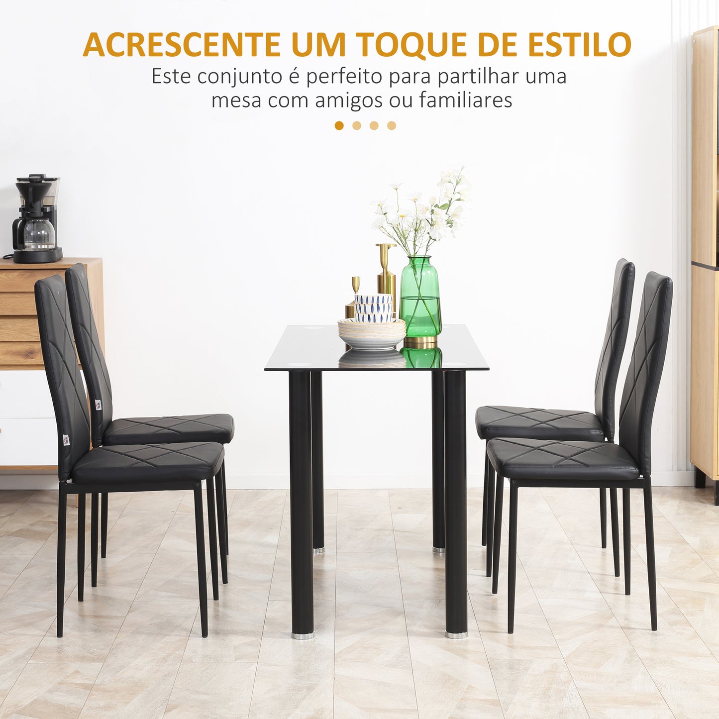 HOMCOM Conjunto de 4 Cadeiras de Sala de Jantar Estofadas em Couro Sintético Cadeiras de Cozinha com Encosto Alto e Pés de Aço Carga Máxima 120kg 41x50x97cm Preto