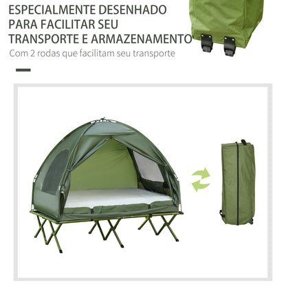 Outsunny Cama Dupla de Campismo Dobrável com Tenda 2 em 1 Cama de Campismo Elevada com Colchão Inflável e Bolsa de Transporte Tecido Oxford Aço 193x145x180cm Verde