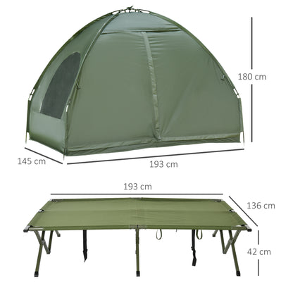 Outsunny Cama Dupla de Campismo Dobrável com Tenda 2 em 1 Cama de Campismo Elevada com Colchão Inflável e Bolsa de Transporte Tecido Oxford Aço 193x145x180cm Verde