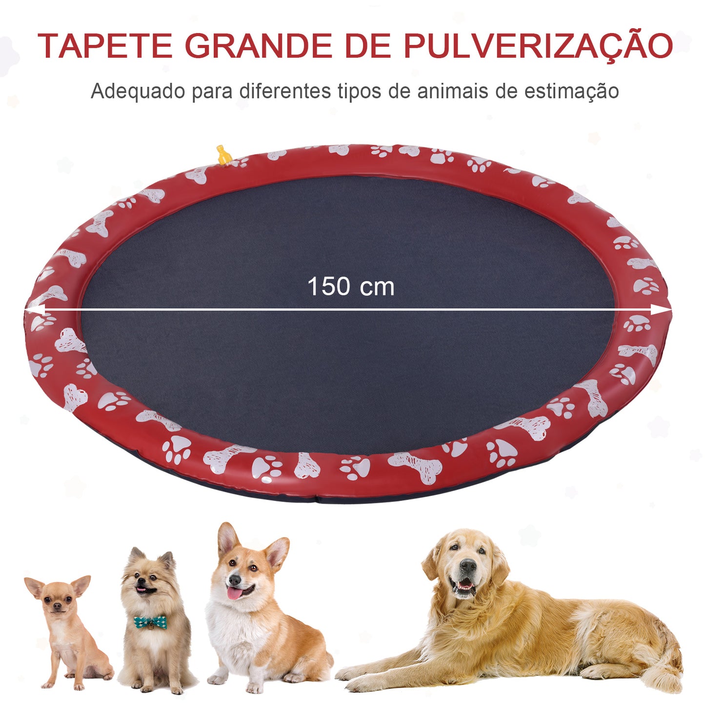 PawHut Splash Pad 150 cm Tapete Aquático para Animais de Estimação com Pulverizador de Água Piscina Portátil para Cães Vermelho