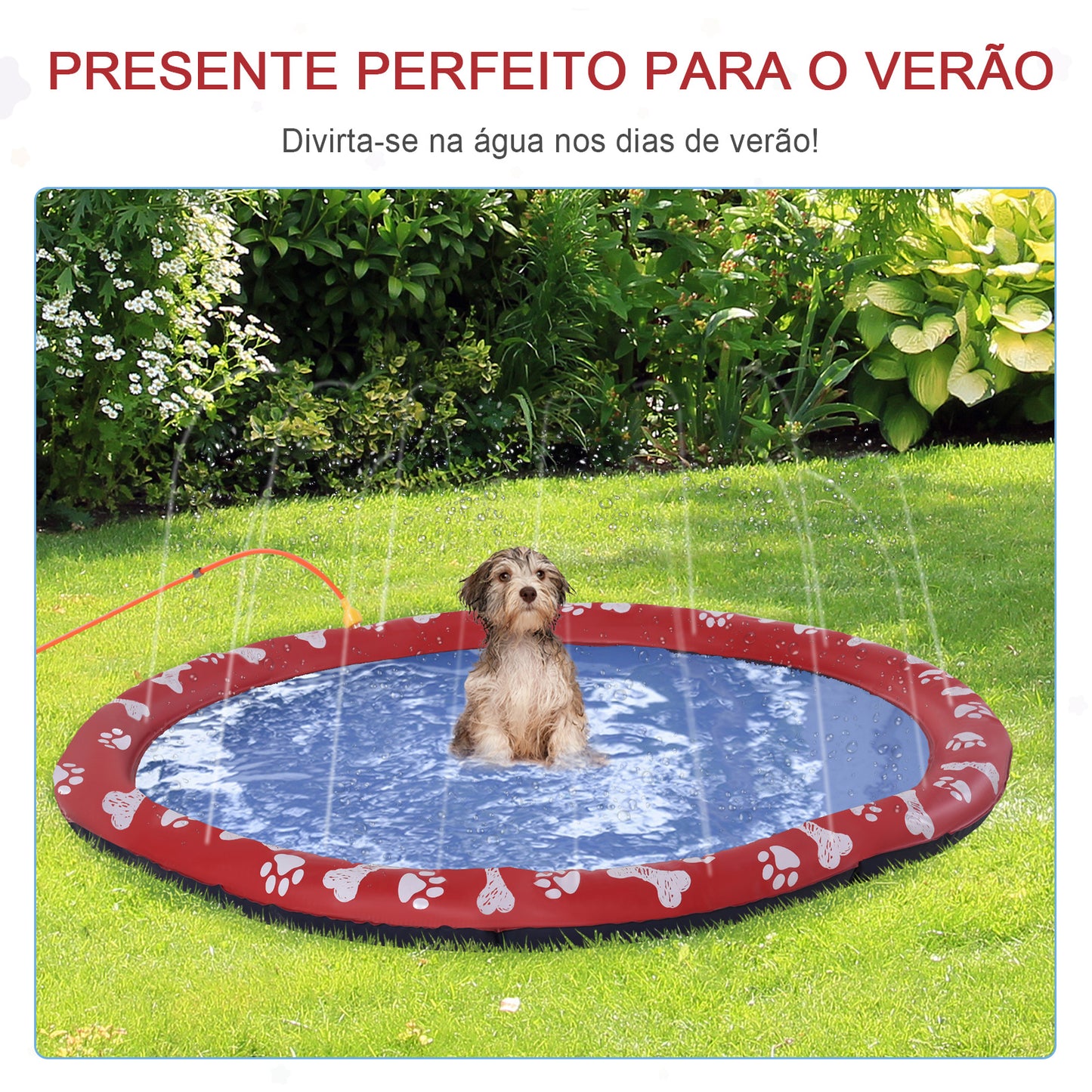 PawHut Splash Pad 150 cm Tapete Aquático para Animais de Estimação com Pulverizador de Água Piscina Portátil para Cães Vermelho