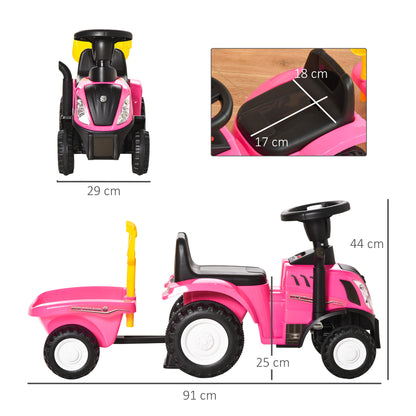 HOMCOM Trator para Crianças de 12-36 Meses com Reboque Removível Carro Andador com Buzina Farol Pá e Ancinho Carga 25kg 91x29x44cm Rosa