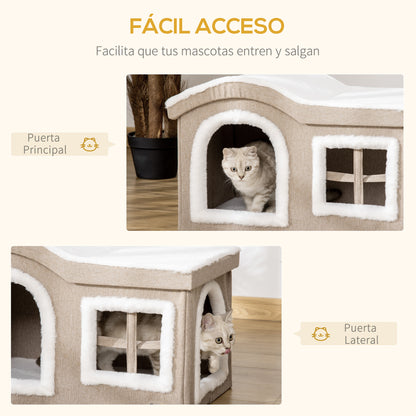 PawHut Casa Dobrável para Gatos Caverna para Gatos Grande com Tampa Removível Almofadas 2 Entradas e Janela 63,5x37x40cm Bege