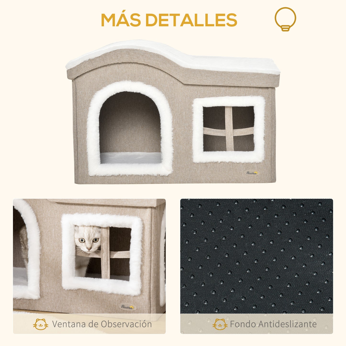 PawHut Casa Dobrável para Gatos Caverna para Gatos Grande com Tampa Removível Almofadas 2 Entradas e Janela 63,5x37x40cm Bege