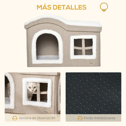 PawHut Casa Dobrável para Gatos Caverna para Gatos Grande com Tampa Removível Almofadas 2 Entradas e Janela 63,5x37x40cm Bege