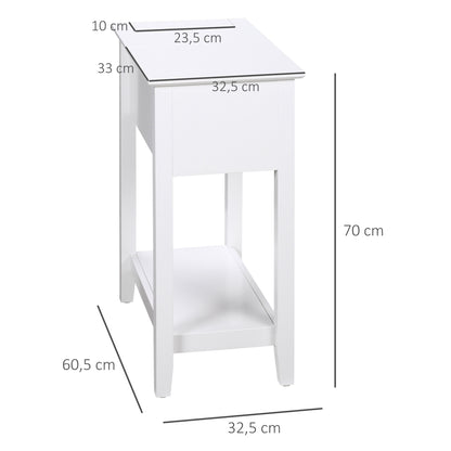 HOMCOM Mesa Auxiliar Mesa Lateral com Tampa Abatível Prateleira de Armazenamento e Orifício para Cabos Oculto para Sala de Estar Dormitório 60,5x32,5x70cm Branco