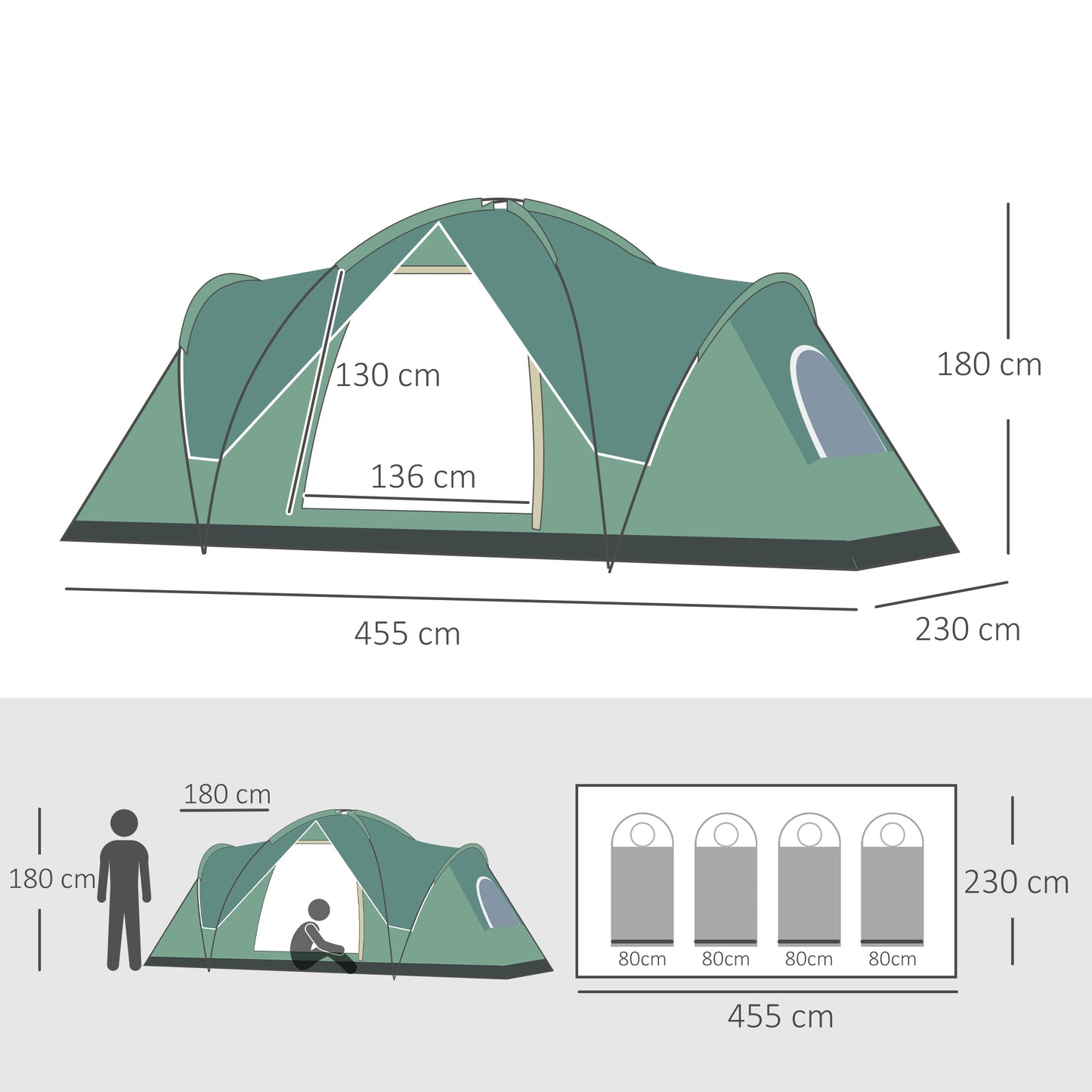 Outsunny Tenda de Campismo para 5-6 Pessoas Impermeável 3000mm+ Anti UV com Bolsa de Transporte e Gancho para Luz 455x230x180cm Verde