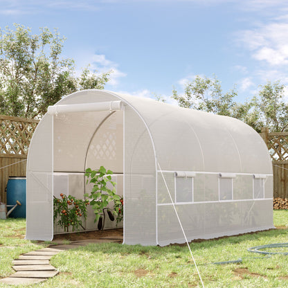 Outsunny Estufa Tipo Túnel 400x200x200cm Estufa de Jardim com Portas Enroláveis e 6 Janelas Cobertura de PE 140 g/m² Estrutura de Metal para Cultivo de Plantas Verduras Branco