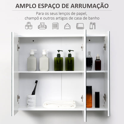 kleankin Armário de Casa de Banho com 3 Portas com Espelho Armário de Parede para Casa de Banho com Prateleiras Internas Ajustáveis 70x15x60 cm Branco