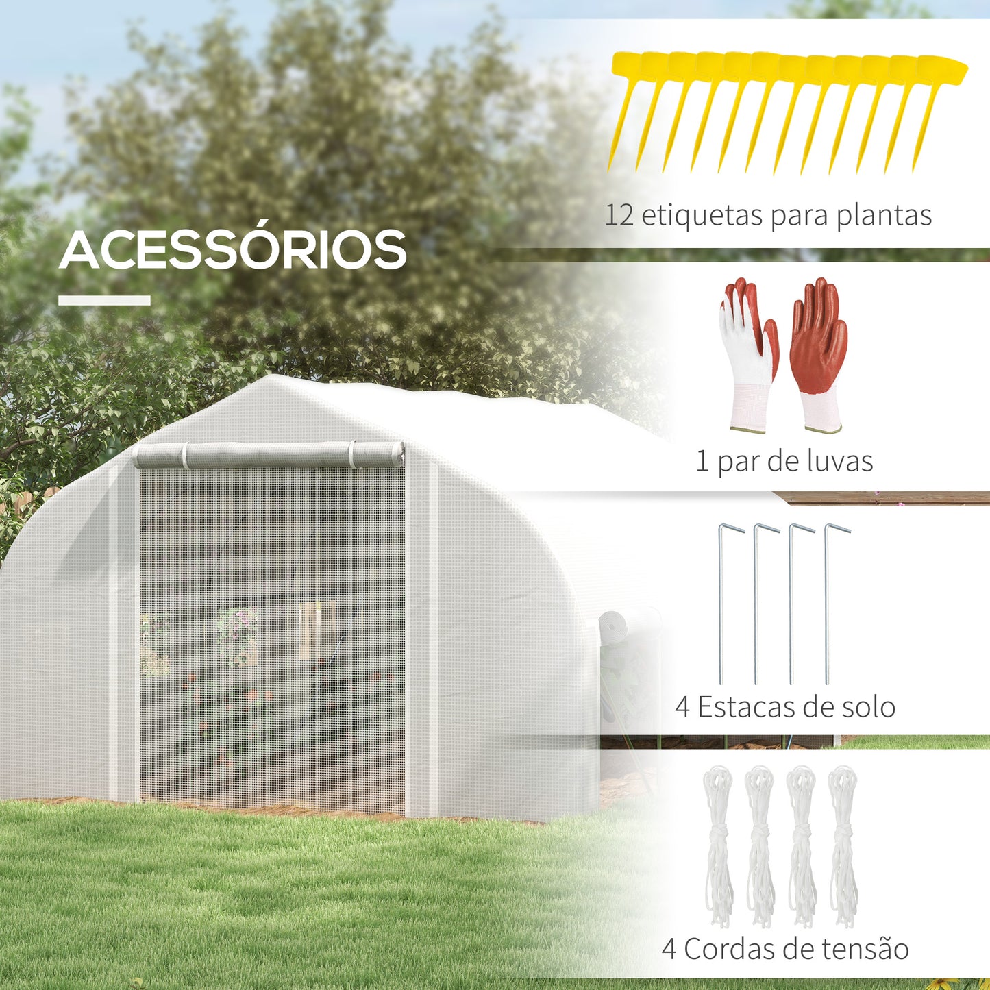 Outsunny Estufa Tipo Túnel 395x300x200 cm com Porta de Malha e 8 Janelas Estufa de Jardim com Porta e Janelas Enroláveis e Cobertura de PE para Cultivos de Plantas Verduras Branco