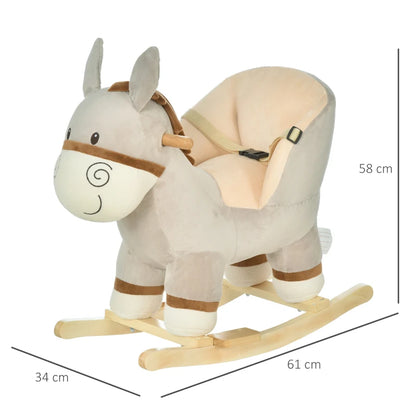 Baloiço Infantil em Forma de Burro de Pelúcia para Bebés 18-36 Meses com Som Cinto de Segurança Guidão Apoio para os Pés 61x34x58 cm Cinza