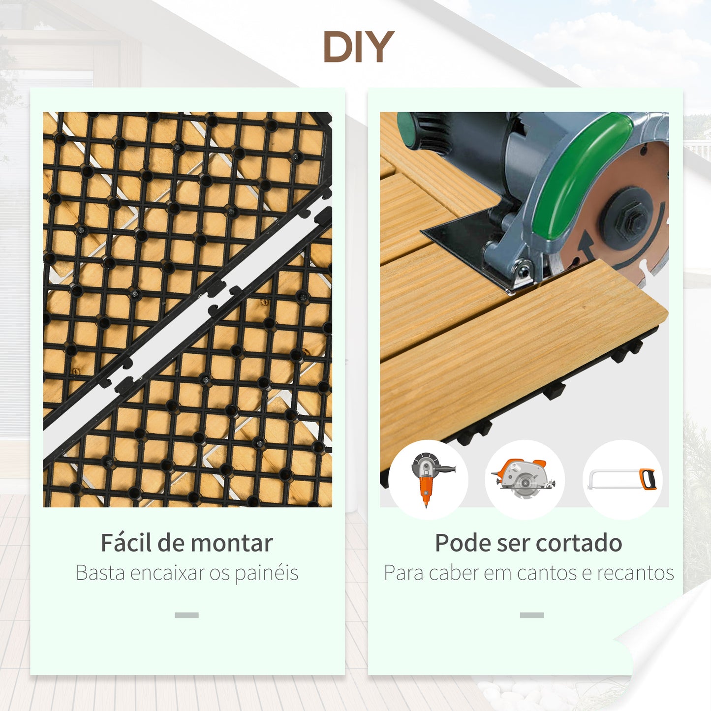 Outsunny Conjunto de 27 Peças de Deck de Madeira para Exterior 30x30cm Área de 2,43 m² Ladrilhos para Exterior com Sistema Clic para Balcão Terraço Jardim Madeira