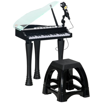 AIYAPLAY Piano Eletrónico para Crianças com 32 Teclas Piano com Microfone Banco Luzes 22 Músicas 4 Tons Pés Amovíveis e Volume Ajustável 37x30,5x60,4 cm Preto