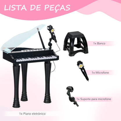 AIYAPLAY Piano Eletrónico para Crianças com 32 Teclas Piano com Microfone Banco Luzes 22 Músicas 4 Tons Pés Amovíveis e Volume Ajustável 37x30,5x60,4 cm Preto