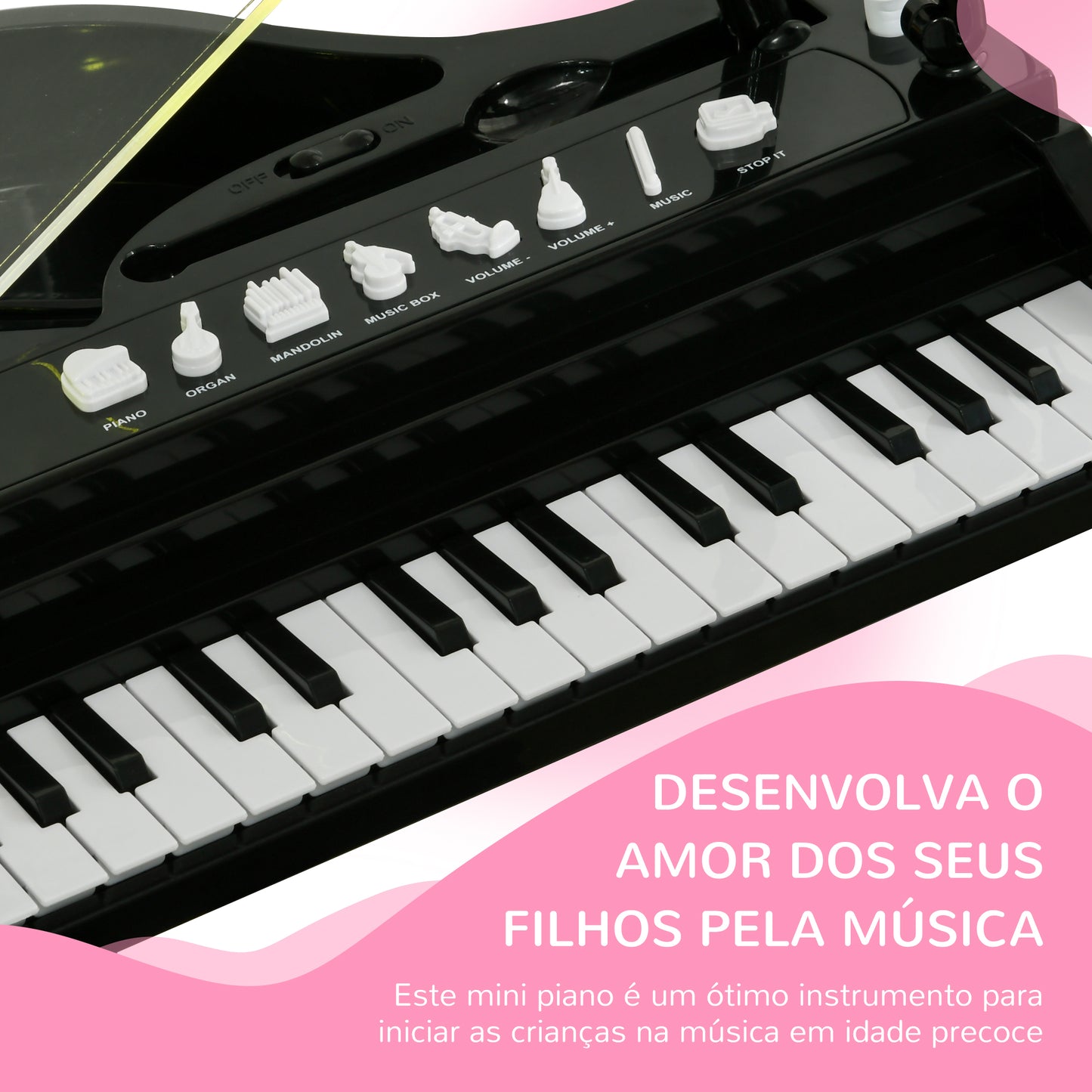 AIYAPLAY Piano Eletrónico para Crianças com 32 Teclas Piano com Microfone Banco Luzes 22 Músicas 4 Tons Pés Amovíveis e Volume Ajustável 37x30,5x60,4 cm Preto