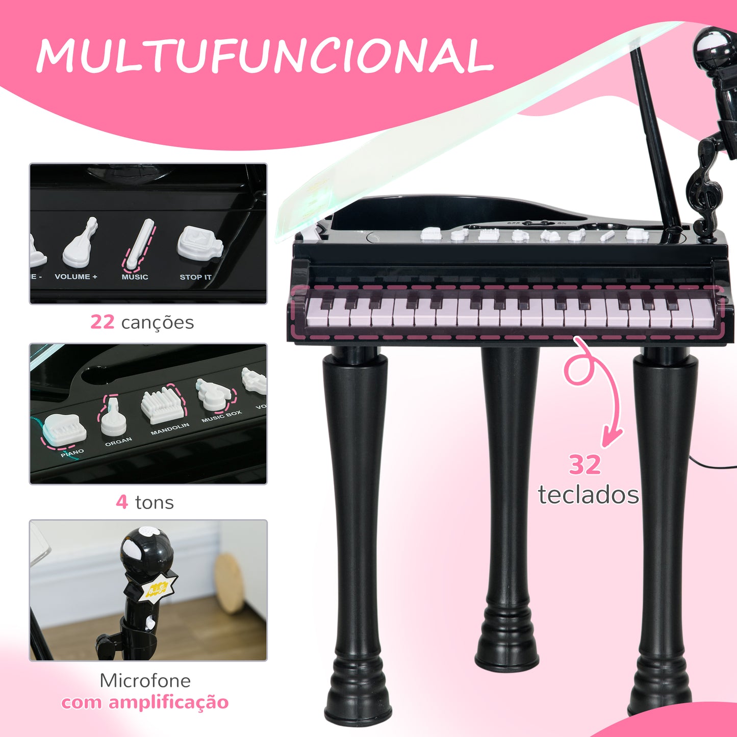 AIYAPLAY Piano Eletrónico para Crianças com 32 Teclas Piano com Microfone Banco Luzes 22 Músicas 4 Tons Pés Amovíveis e Volume Ajustável 37x30,5x60,4 cm Preto