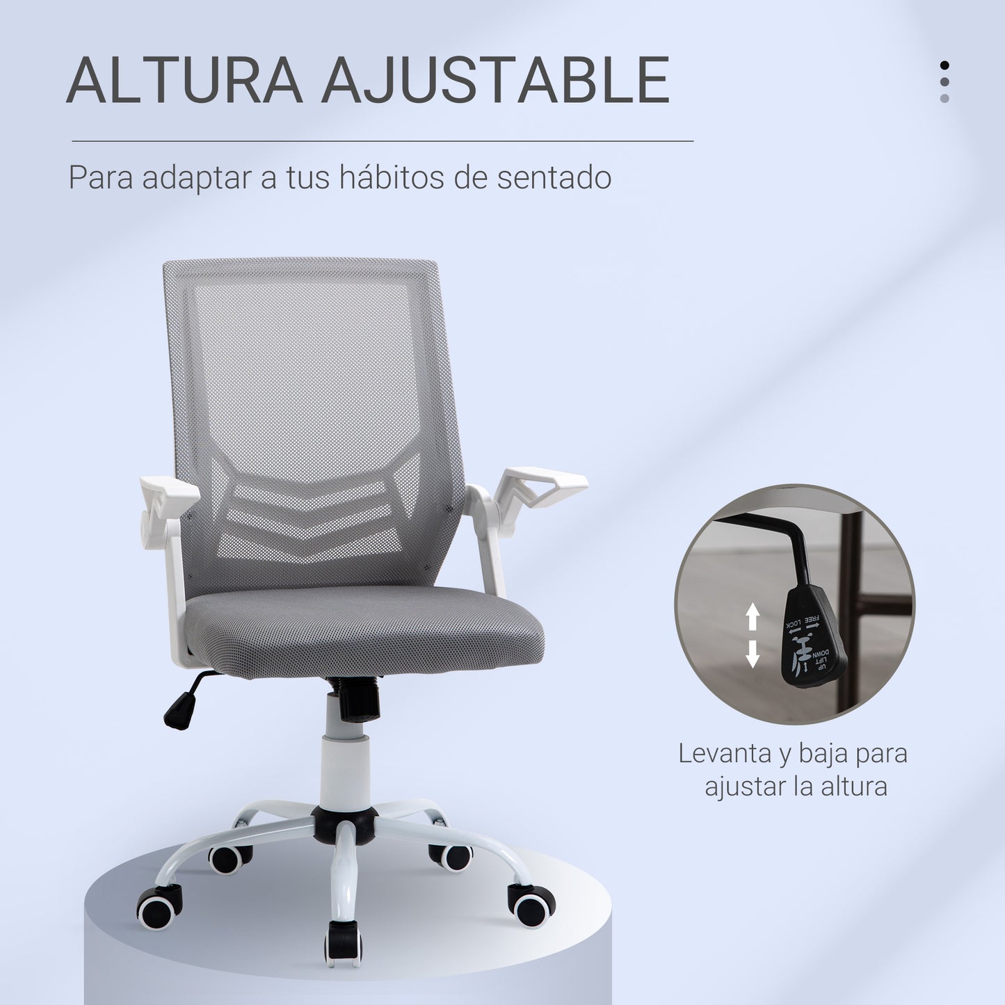 Vinsetto Cadeira de Escritório Ergonômica Cadeira de Escritório Giratória com Altura Ajustável Apoio para os Braços Dobrável Suporte Lombar e Encosto Transpirável 62,5x55x94-104cm Cinza