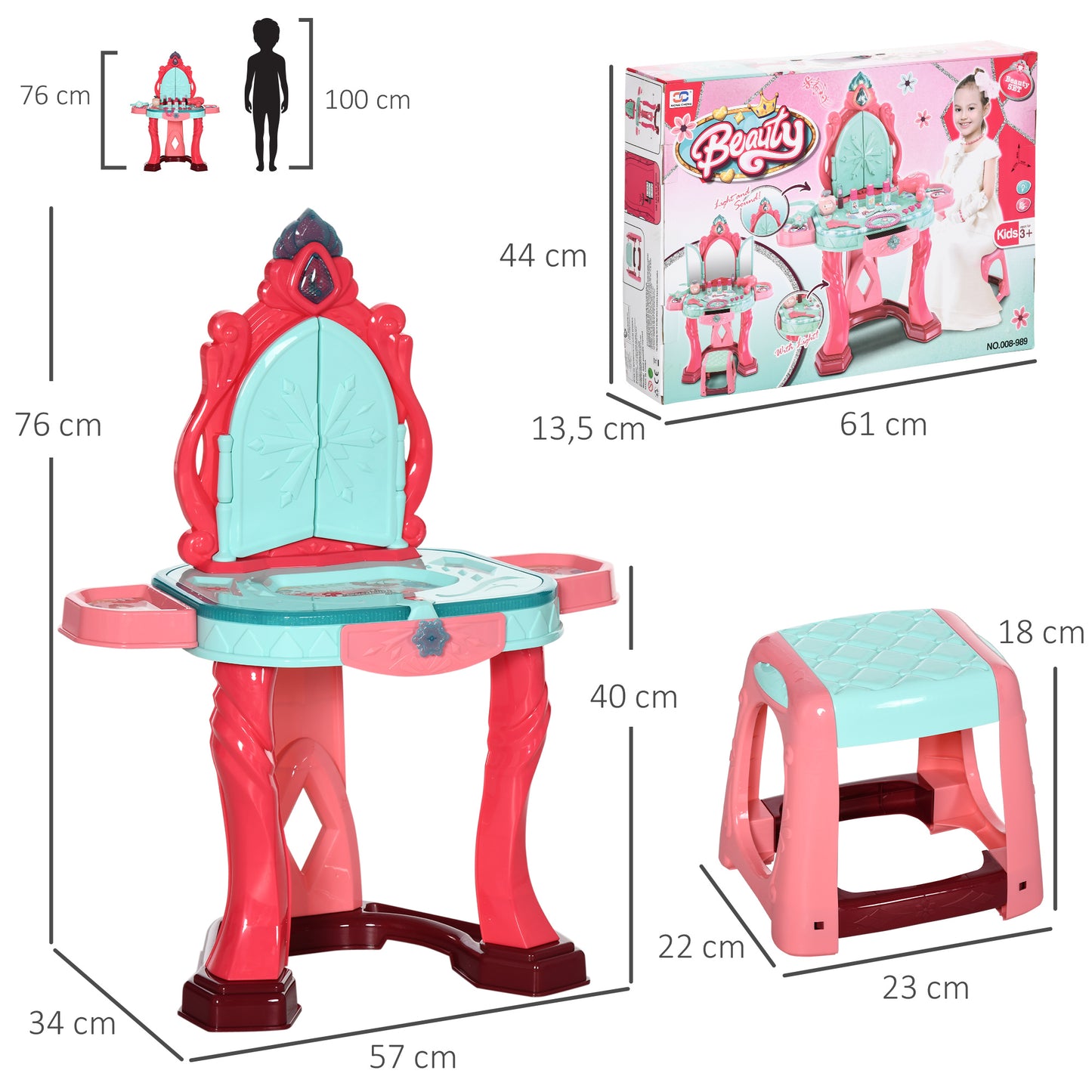 AIYAPLAY Toucador Infantil para Crianças acima de 3 Anos com Banco Espelho Luz Música e Secador Inclui 18 Acessórios Toucador de Maquilhagem 57x34x76cm Multicor