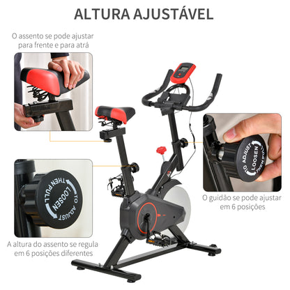 HOMCOM Bicicleta Estática Spinning com Monitor LCD Volante de Inércia de 6kg Assento e Guidão com Altura Ajustável Resistência Regulável e Silenciosa 85x46x114cm Preto e Vermelho