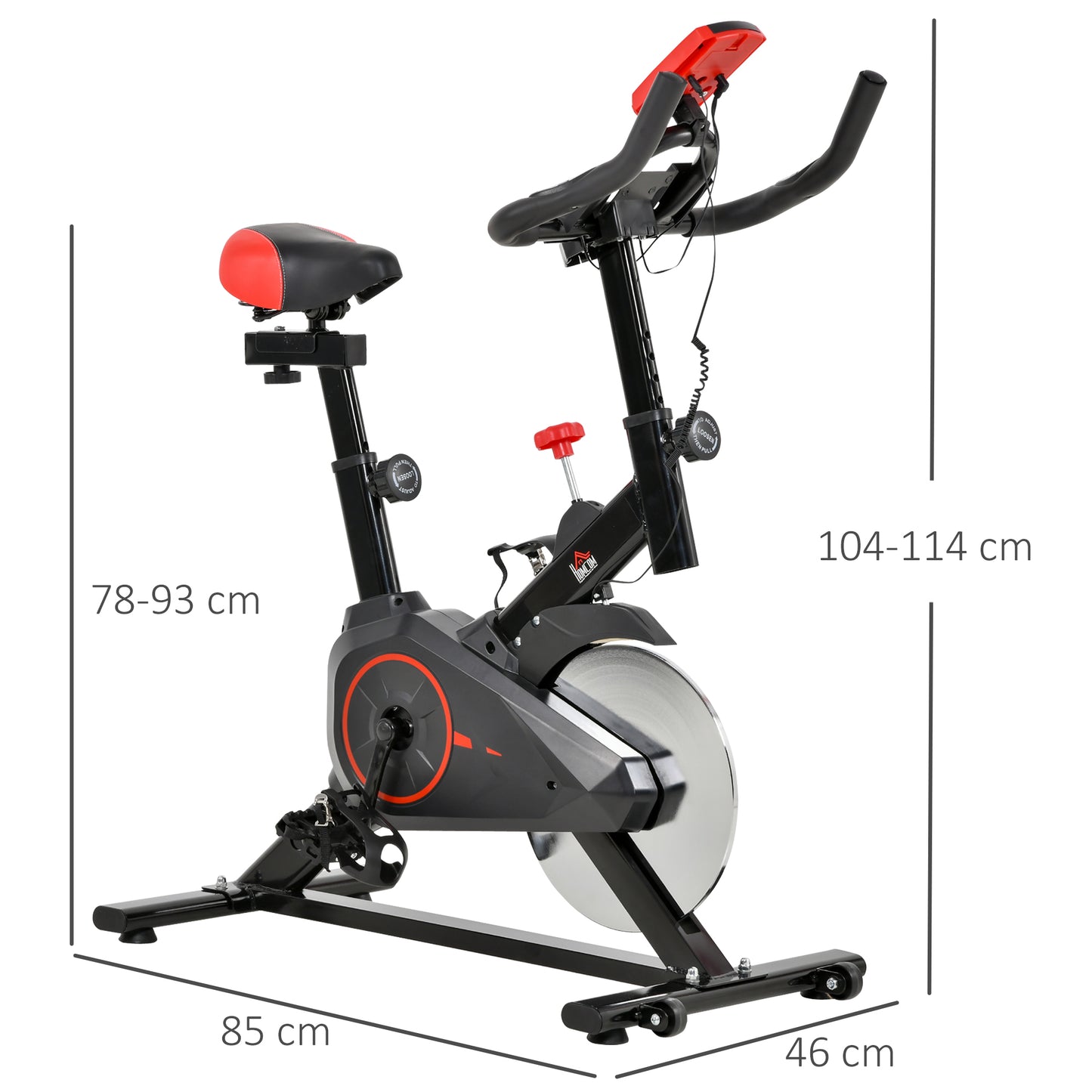 HOMCOM Bicicleta Estática Spinning com Monitor LCD Volante de Inércia de 6kg Assento e Guidão com Altura Ajustável Resistência Regulável e Silenciosa 85x46x114cm Preto e Vermelho