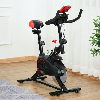 HOMCOM Bicicleta Estática Spinning com Monitor LCD Volante de Inércia de 6kg Assento e Guidão com Altura Ajustável Resistência Regulável e Silenciosa 85x46x114cm Preto e Vermelho