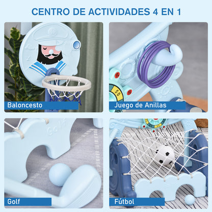 HOMCOM Tabela de Basquetebol 4 em 1 com Altura Ajustável para Crianças acima de 3 Anos Centro de Atividades Jogo de Golf Bola de Futebol 58x56x154cm Azul