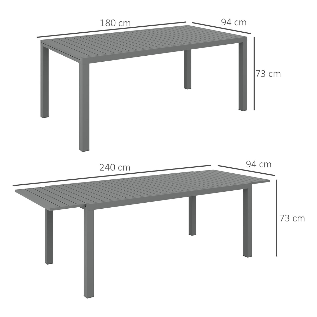 Outsunny Mesa de Jardim Extensível Mesa de Jantar Exterior Mesa de Terraço Retangular para 6-8 Pessoas com Estrutura de Alumínio Capacidade 50 kg para Varanda 180/240x94x73 cm Cinza Escuro