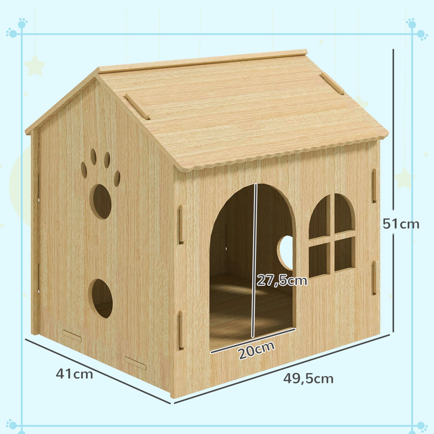 PawHut Casota para Cães Casa para Cães para Interior com Janelas Desenho de Patas Ocas Casa para Cães e Gatos 49,5x41x51 cm Madeira