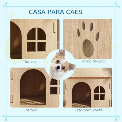 PawHut Casota para Cães Casa para Cães para Interior com Janelas Desenho de Patas Ocas Casa para Cães e Gatos 49,5x41x51 cm Madeira