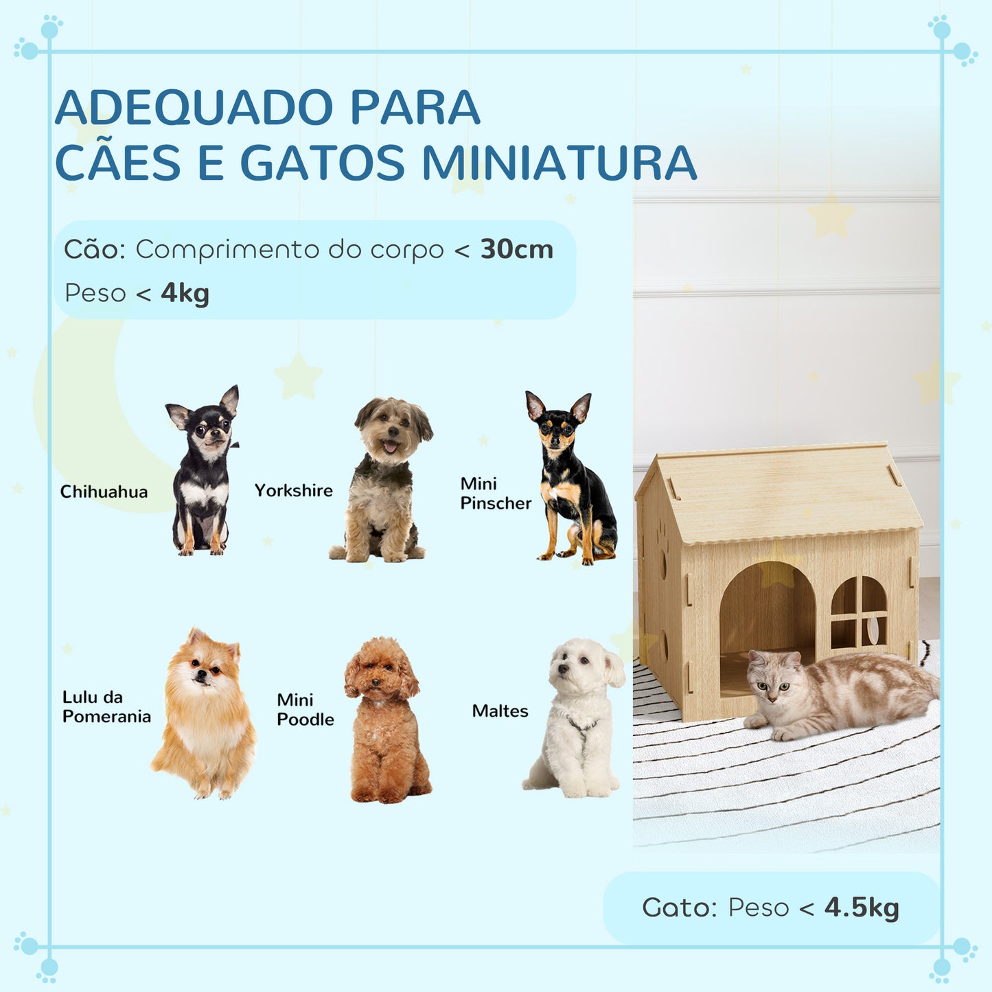 PawHut Casota para Cães Casa para Cães para Interior com Janelas Desenho de Patas Ocas Casa para Cães e Gatos 49,5x41x51 cm Madeira