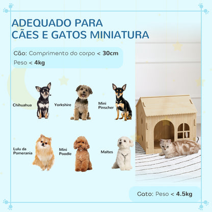 PawHut Casota para Cães Casa para Cães para Interior com Janelas Desenho de Patas Ocas Casa para Cães e Gatos 49,5x41x51 cm Madeira