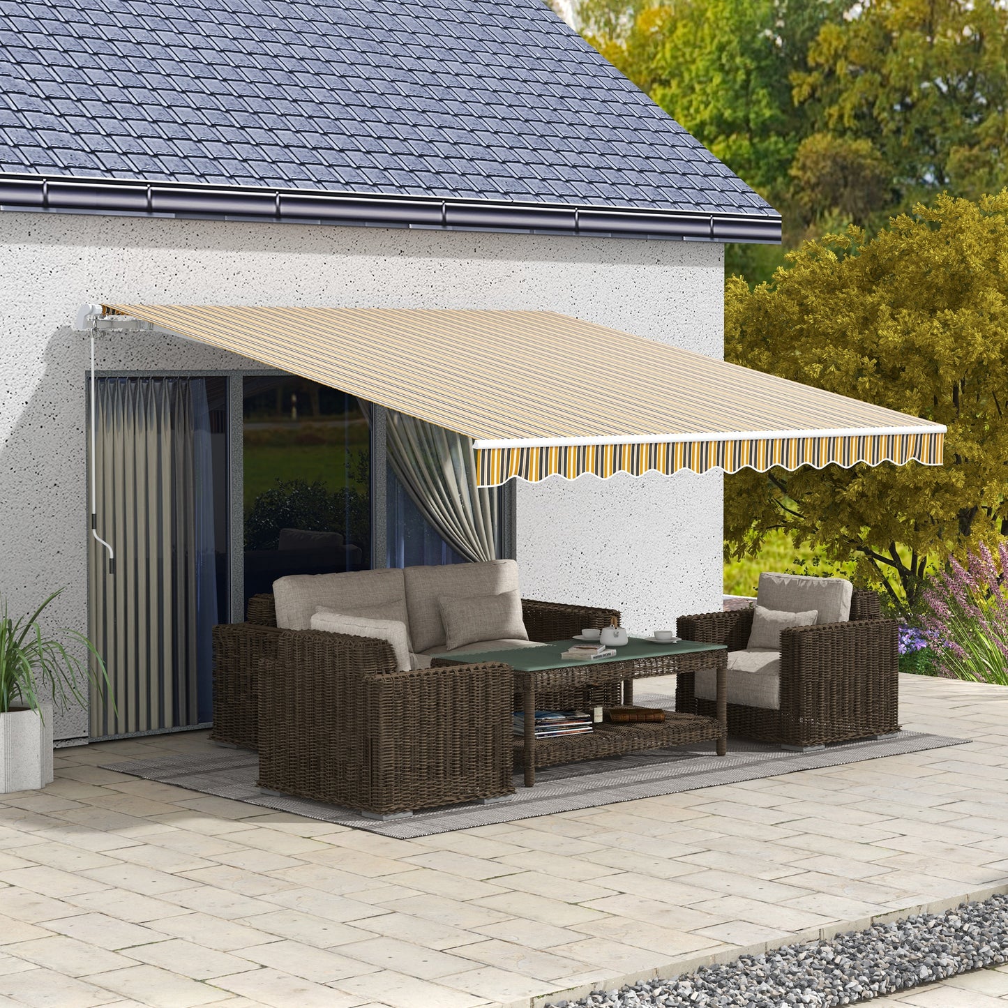 Outsunny Toldo Manual Retrátil 350x250 cm Toldo para Varanda com Manivela de Metal Impermeável e Anti-UV Toldo Enrolável de Exterior para Jardim Terraço Janelas Cinza e Amarelo