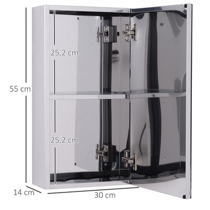 HOMCOM Armário Casa de Banho com Espelho Armário de Parede Casa de Banho com Porta 2 Prateleiras de Armazenamento e Estrutura de Aço Inoxidável 30x14x55cm Prata