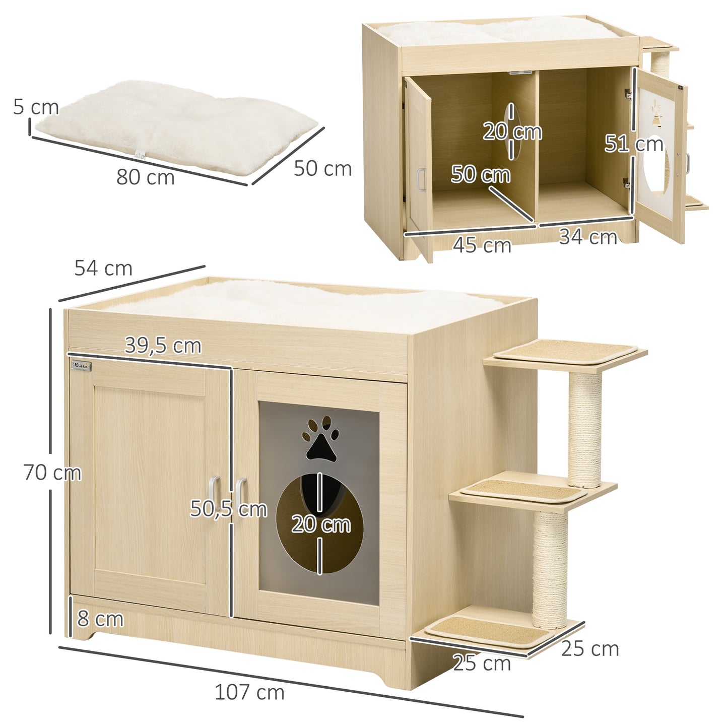 PawHut Caixa de Areia para Gatos de Madeira com 2 Portas Móvel para Caixa de Areia com Cama Almofada Suave 3 Plataformas e Postes de Sisal 107x54x70cm Carvalho