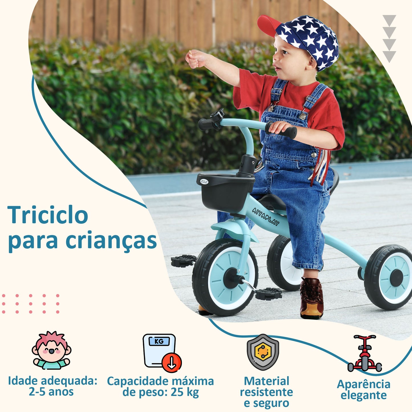 AIYAPLAY Triciclo para Crianças de 2 a 5 anos Triciclo Infantil com Assento Ajustável Cesta Buzina e Pedais e 3 Rodas Carga Máxima 25 kg 70,5x50x58 cm Azul