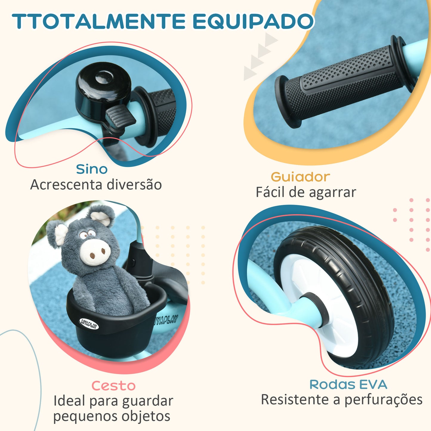 AIYAPLAY Triciclo para Crianças de 2 a 5 anos Triciclo Infantil com Assento Ajustável Cesta Buzina e Pedais e 3 Rodas Carga Máxima 25 kg 70,5x50x58 cm Azul