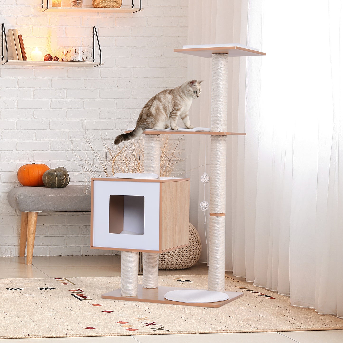 PawHut Árvore Arranhadora para Gatos de Madeira 71,5x49,5x120cm Torre para Gatos com Caverna Plataformas Postes Arranhadores de Sisal Almofadas de Pelúcia Suave e Bolas Suspensas Natural