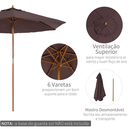 Outsunny Chapéu de Sol Ø250x230cm Chapéu de Sol com Mastro de Madeira com 6 Hastes Sistema de Polia com Fixação para Jardim Pátio Terraço Marrom