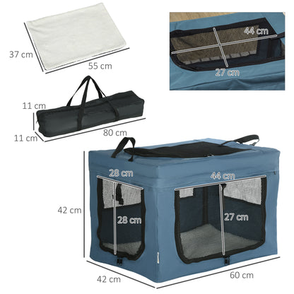 PawHut Transportadora para Cães e Gatos Bolsa Portátil e Dobrável para Animais de Estimação Transportadora com 3 Portas e Almofada Suave 60x42x42 cm Azul