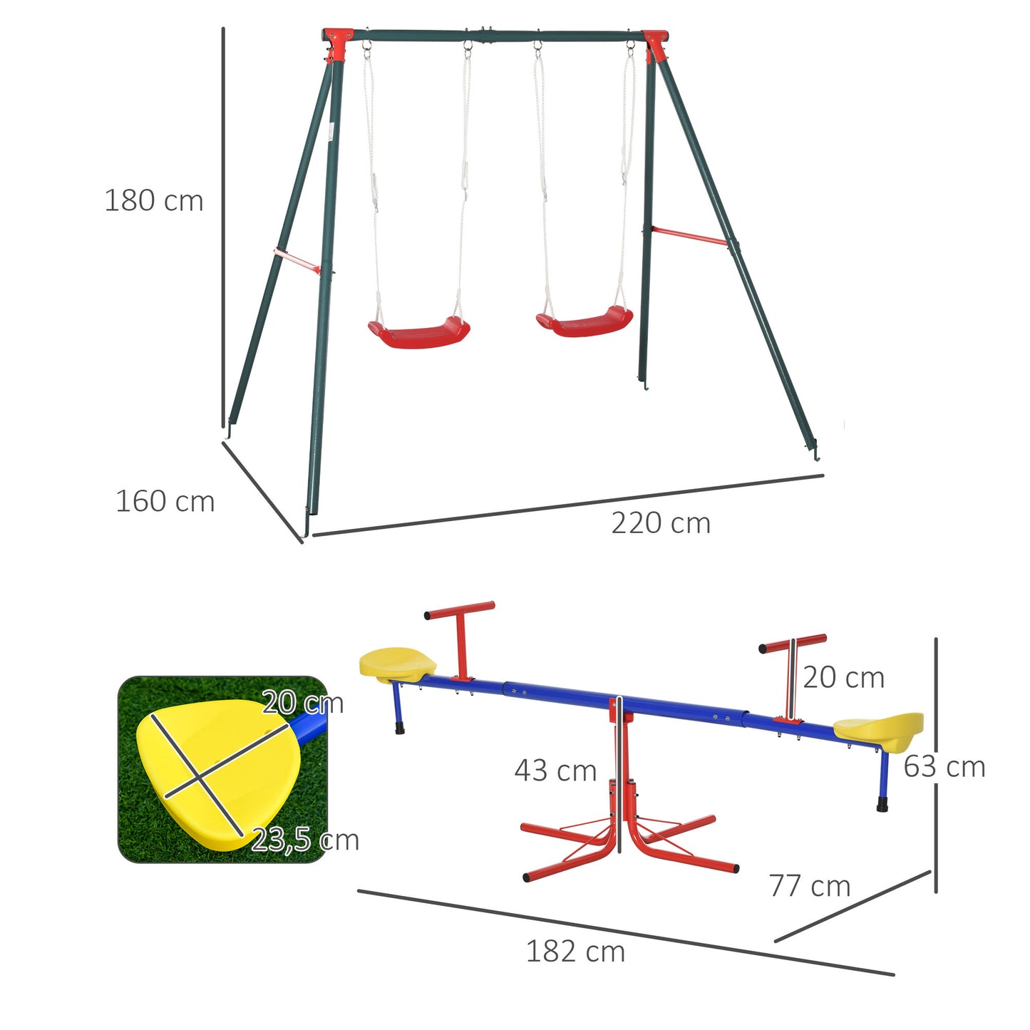 Outsunny Conjunto de Baloiços para Crianças com Gangorra 360° e Baloiço Duplo com Corda Ajustável para Jardim Parque 182x77x63 cm 239x156x180 cm Multicor