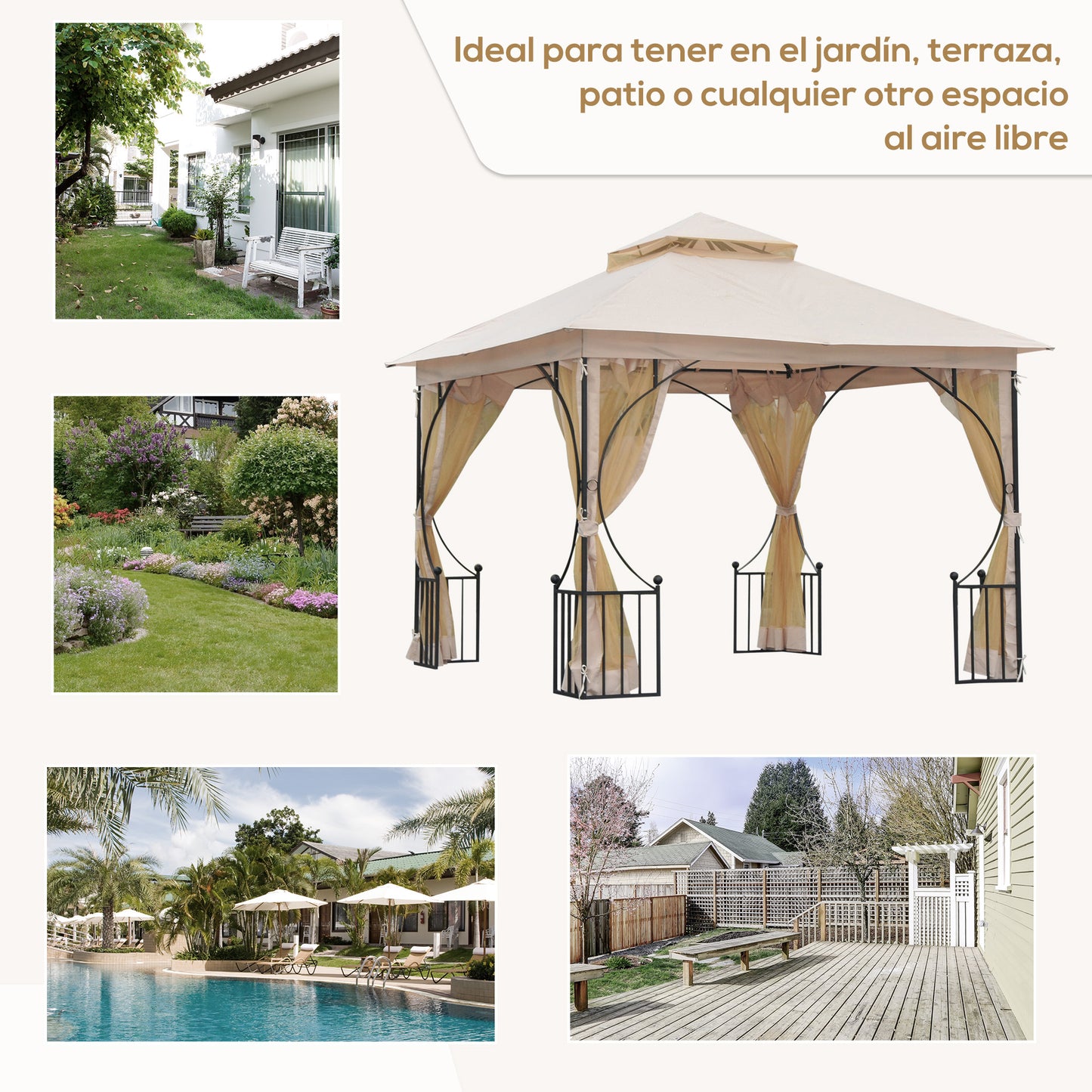 Outsunny Gazebo de jardim 3x3m com 4 cortinas laterais com zíper e telhado duplo com 8 furos de drenagem bege