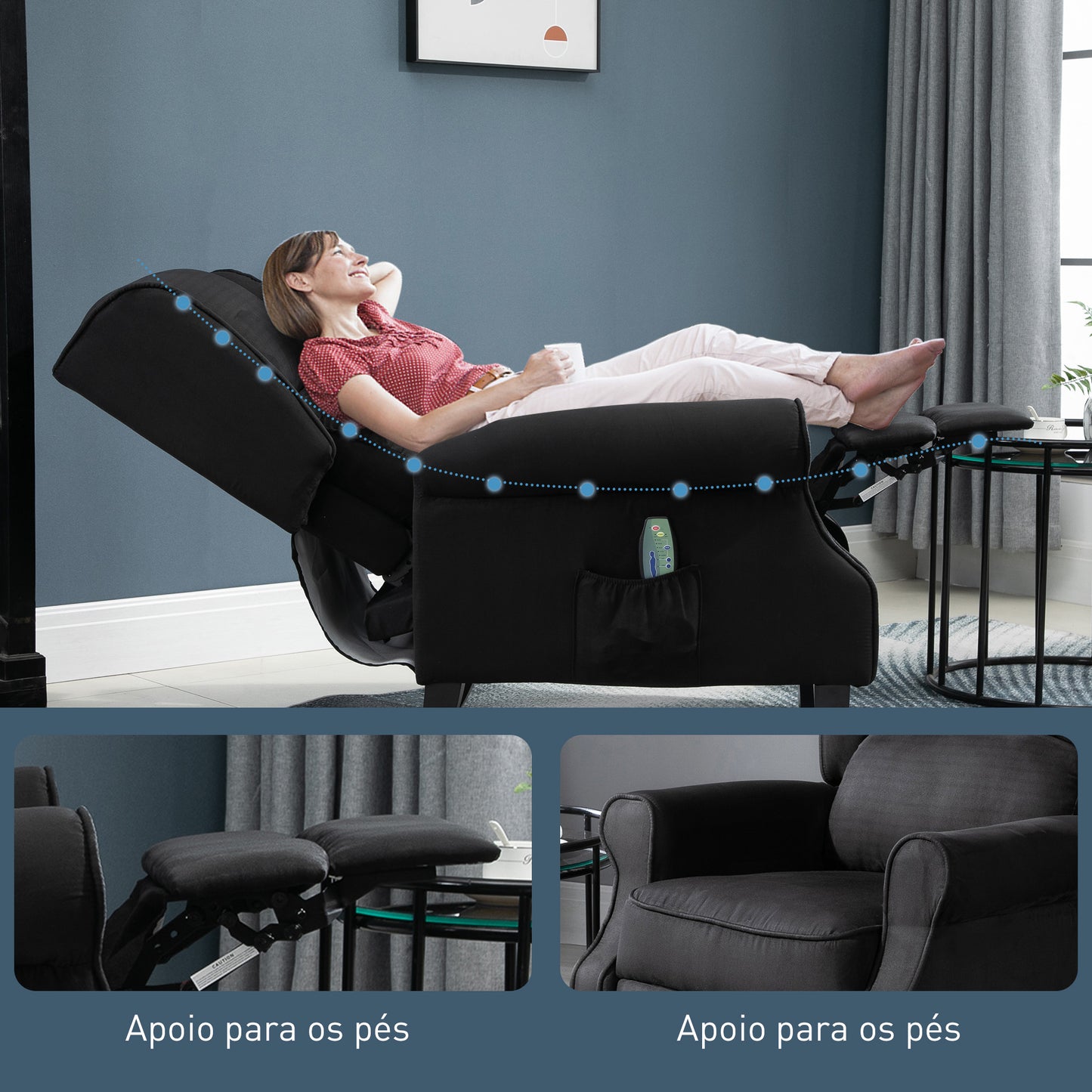 HOMCOM Poltrona de Massagem Poltrona Relax Reclinável com Controlo Remoto 2 Áreas de Massagem Bolso Lateral 78x83x101 cm Preto